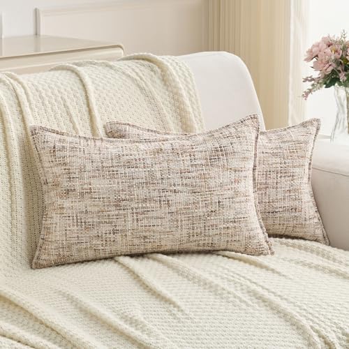 FUTEI Pack of 2 Tweed Chenille Throw Pillow Covers 12x20 Inch, Beige Brown - color: Beige Brown, size: 20" x 12" (Pack of 2)