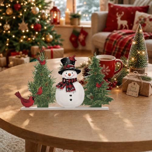 Smile Christmas Tabletop Decor Snowman Pine Tree Red Cardinal Bird Winter Farmhouse Wooden Centerpiece Sign - style: Tree Bird