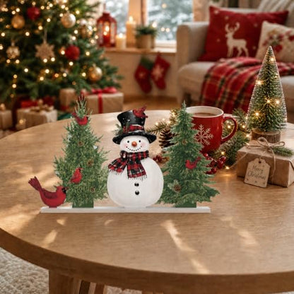 Smile Christmas Tabletop Decor Snowman Pine Tree Red Cardinal Bird Winter Farmhouse Wooden Centerpiece Sign - style: Tree Bird