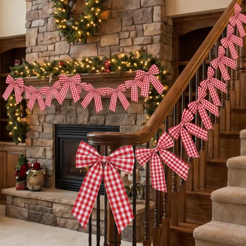 Flutesan 8 Ft Red Gingham Bow Garland Fabric Banner Farmhouse Decoration - color: Red, White, style: Gingham