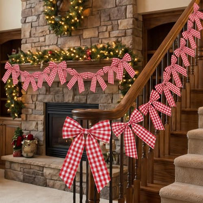 Flutesan 8 Ft Red Gingham Bow Garland Fabric Banner Farmhouse Decoration - color: Red, White, style: Gingham