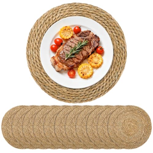 Set of 12 Round Woven Placemats, 13 Inch Rattan Chargers for Dinner Plates, Wicker Placemats, Boho Farmhouse Rustic Braided Jute Table Mats for Kitchen Dining Party Decor