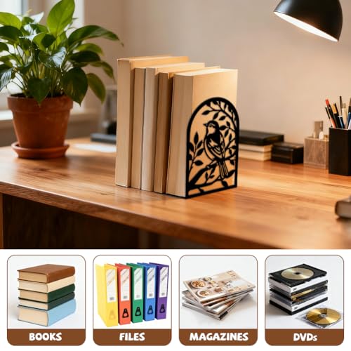 Peacoblue 5.3"x4.3"x7.9" Metal Bookends, Heavy Duty Book Ends for Shelves - style: Sparrow on Branches