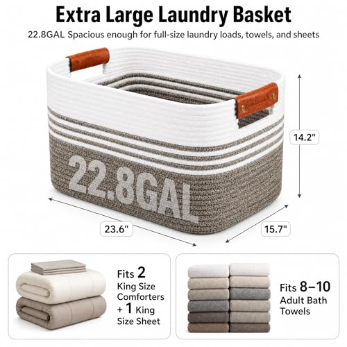 Cotton Rope Laundry Basket Extra Large, 22.8GAL Collapsible Woven Storage Baskets for Living Room Kids Toys Stuffed Animal,Boho Rectangular Decorative Hamper for Dirty Clothes, Blankets Dark Brown - color: DarkBrown, size: 22.8GAL