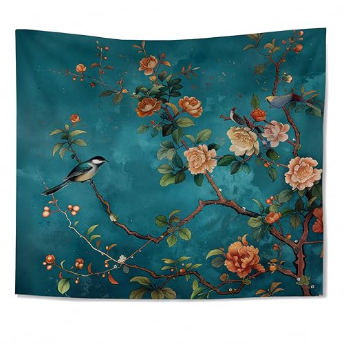 WDSFHYJK Vintage Chinoiserie Floral Bird Tapestry Wall Hanging, Teal Rustic Cottagecore Flower Botanical Bird Wall Tapestry Backdrop for Bedroom Living Room Home Decor, 50x60 Inch - color: Many colors-Chinoiserie Floral Bird