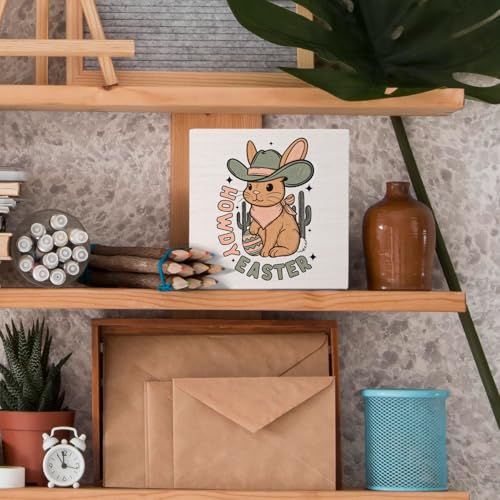 Howdy Western Cowboy Bunny Wooden Box Sign, Easter Bunny Decor, Retro Western Cactus Easter Rabbit Wood Block Signs for Home Office Desk Table Shelf Decor, 5x5 Inch - color: Western 02