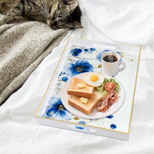 Serving Tray with Handles, 15.7 * 11.8 inches, Plastic Ottoman Tray with Exquisite Paintings, Trays for Coffee Table - color: Charm Blue