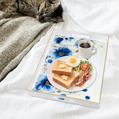Serving Tray with Handles, 15.7 * 11.8 inches, Plastic Ottoman Tray with Exquisite Paintings, Trays for Coffee Table - color: Charm Blue