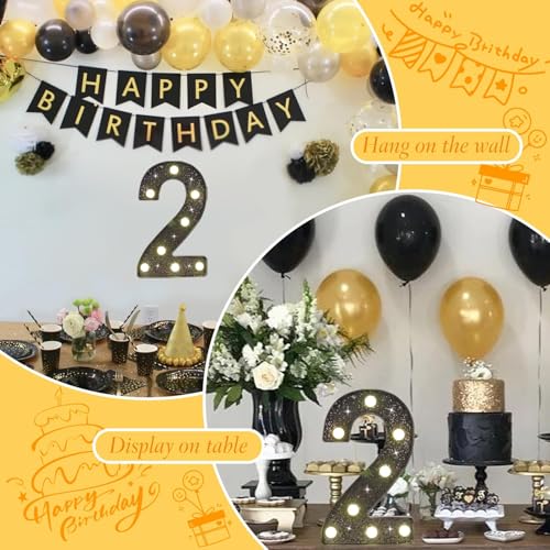 Black Glitter LED Marquee Number 2, Warm White Light Decor Sign - size: Number-2
