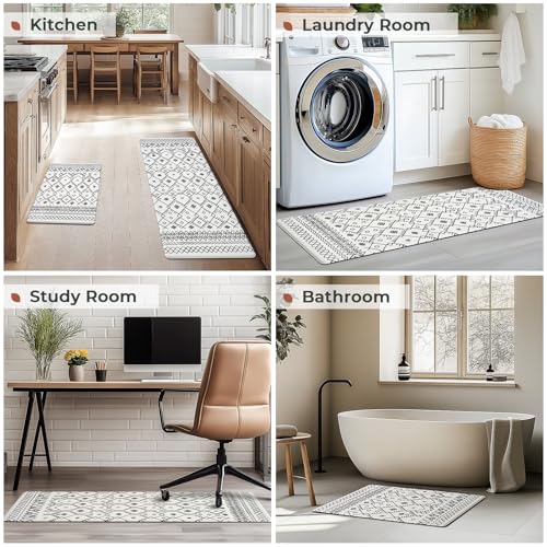 FRESHMINT Moroccan Kitchen Mat Set 2 Piece, 17x30''+17x47'', Bright White - color: Bright White