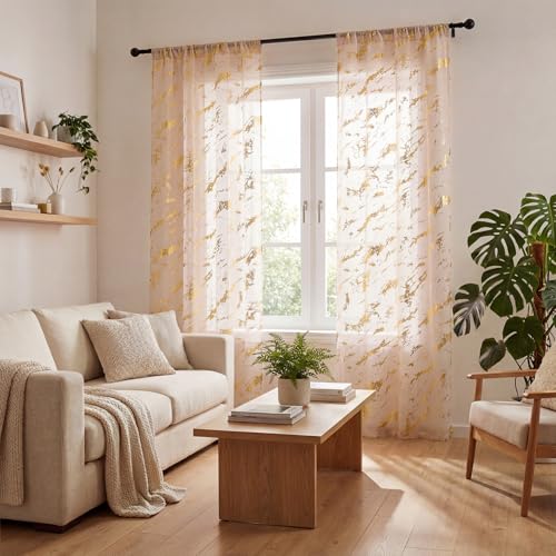 Horaldaily 2Pcs Pink Sheer Curtains for Window 52x63in, Gold Sequin Marble - color: Pink and Gold, size: 52"W x 63"L (Pack of 2)