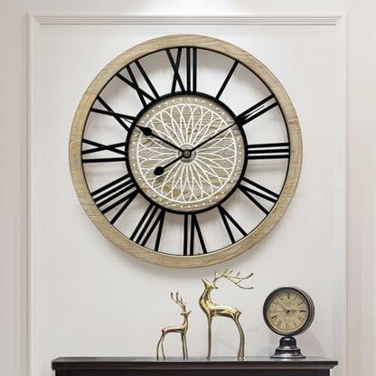 Large Farmhouse Wall Clock for Living Room Decor,24 in Round Carved Wooden Wall Clock,Rustic Silent Non-Ticking Decorative Wall Clocks for Bedroom/Kitchen/Entryway/Office/Dining Room - style: Farmhouse clock 2