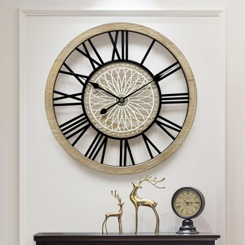 Large Farmhouse Wall Clock for Living Room Decor,24 in Round Carved Wooden Wall Clock,Rustic Silent Non-Ticking Decorative Wall Clocks for Bedroom/Kitchen/Entryway/Office/Dining Room - style: Farmhouse clock 2