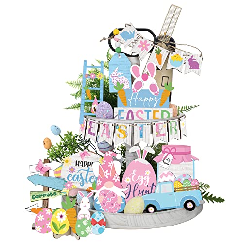 Marsui Easter Tiered Tray Decor Happy Easter Tiered Tray Ornament Rustic Farmhouse Spring Sign Bunny Truck Gnome Egg Wooden Sign for Home Table Decor(Cute) - style: Cute