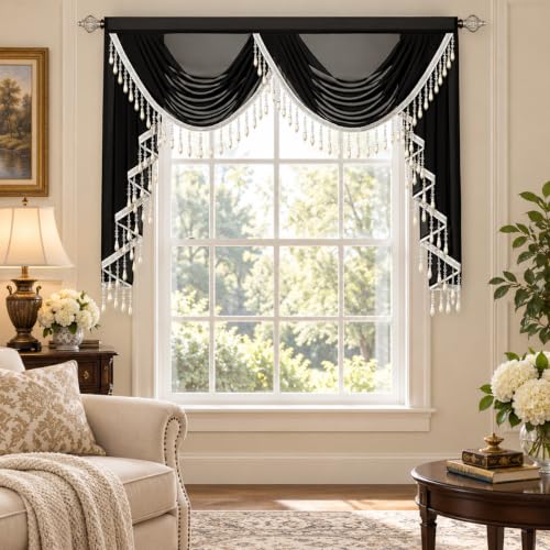 VOGOL Sheer Waterfall Valance with 2 Swags, 59 x 43, 1 Panel, Black - color: Black, size: 59"W x 43"L (Pack of 1)