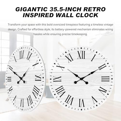 Large Wall Clock with Roman Numeral, 35.5” Shiplap Farmhouse Hanging Clock - color: White, size: 35.5 Inch