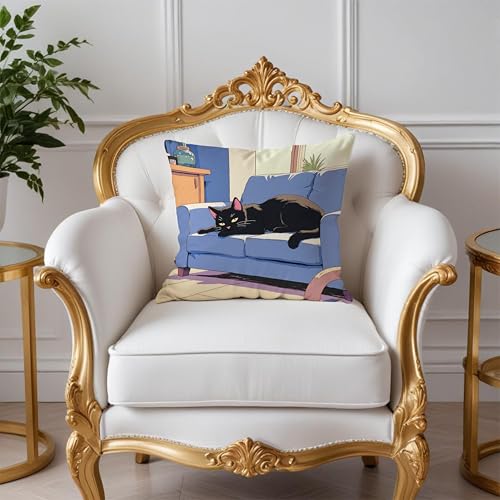 Vintage Black Cat Pillow Covers 18x18, Cats Lovers Lady Gifts, Cat Mom Grandma Gifts, Japanese Anime Black Cats Decorative Pillow Covers for Home Bedroom Living Room Office Decor - color: Style13