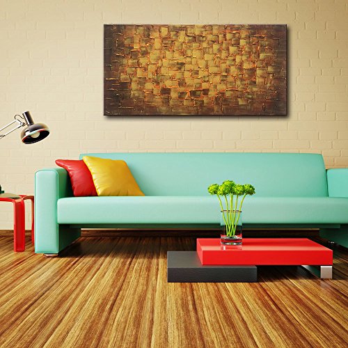 MyArton Large Abstract Golden Yellow Square Wall Art Hand Painted Textured Oil Painting on Canvas Ready to Hang 60x30inch - color: Golden, size: 60"L x 30"W
