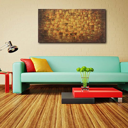 MyArton Large Abstract Golden Yellow Square Wall Art Hand Painted Textured Oil Painting on Canvas Ready to Hang 60x30inch - color: Golden, size: 60"L x 30"W