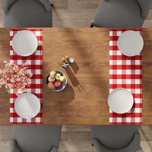 Encasa XO Table Runner, Woven Cotton Dining Linens 13"x36" Red - color: Buffalo Red Checks, size: 13x36 in