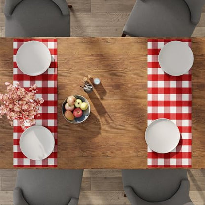 Encasa XO Table Runner, Woven Cotton Dining Linens 13"x36" Red - color: Buffalo Red Checks, size: 13x36 in