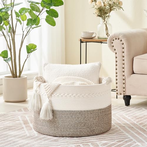 KAKAMAY Large Blanket Basket (20"x13"),Woven Baskets for storage Baby Laundry Hamper, Cotton Rope Blanket Basket for Living Room, Laundry, Nursery, Pillows, Baby Toy chest (White/Beige) - color: Beige