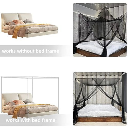 Black Mosquito Net Bed Canopy Curtains with 66ft LED Star String Lights - color: Black+lights