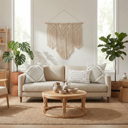 Mecatny Boho Outdoor Throw Pillow Covers 18x18 Set of 2 Beige & Black - color: Beige Black, size: 18" x 18" (Pack of 2)