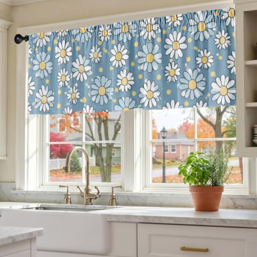 Daisy Floral Blackout Window Valance Curtain, Blue Yellow Boho Design - color: Flower 7, size: 52"W x 18"L (Pack of 1)