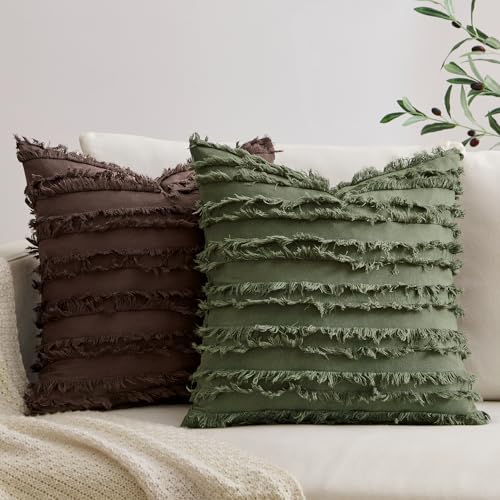 MIULEE Boho Linen Striped Throw Pillow Covers 18x18, Dark Olive Green - color: Dark Olive Green, size: 18" x 18" (Pack of 2)