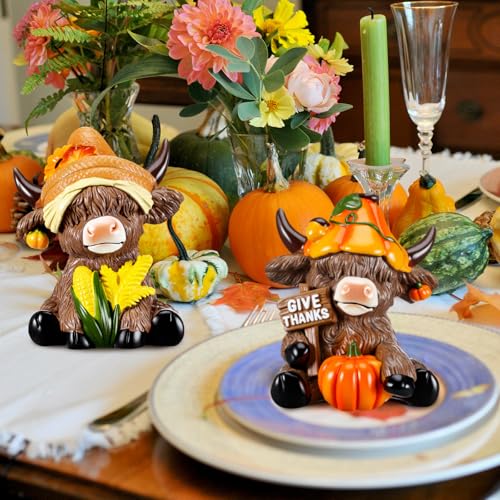 Karenhi 2 Pcs Highland Cow Figurines Resin Tabletop Decor Statues - style: Thanksgiving Day