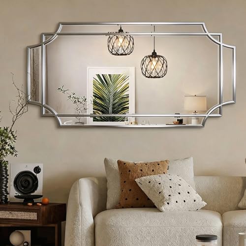 47"x24" Large Rectangle Beveled Mirror with Silver Geometric Frame - color: Silver, size: 47"L x 24"W