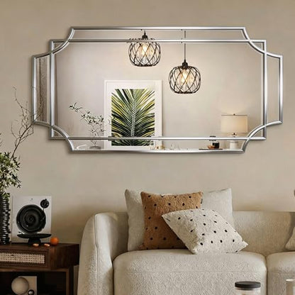 47"x24" Large Rectangle Beveled Mirror with Silver Geometric Frame - color: Silver, size: 47"L x 24"W