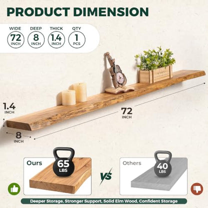 72in Live Edge Solid Elm Floating Shelves, Natural, Set of 1 - color: Natural Color, size: Live Edge 72 inch, 1Pack