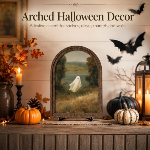 Halloween Ghost Arched Wood Frame Tabletop Decor, Lakeside Vintage Wall Art - color: Color 17