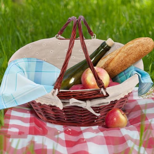 Large Wicker Basket with Handle, 14.2 x 11 x 6.7 inch Wicker Picnic Basket with Liner, Empty Gift Basket, Oval Willow Woven Basket for Fruit, Candy, Wine, Gathering, Wedding, Picnic, by GNIEMCKIN. - size: 1 PCS Large brown
