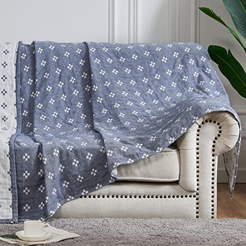 jinchan 100% Cotton Muslin Blanket Twin Boho Throw Blanket 60x80 Denim Blue - color: B. Cross Blue, size: 60"x80"