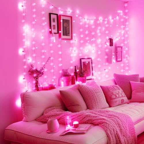 Minetom Curtain Lights, 300 LED Dimmable Twinkle Fairy Lights, 8 Modes - color: Pink, size: 1 Pack