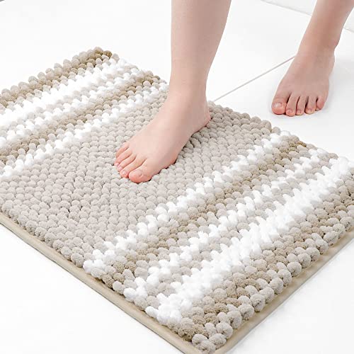 PiccoCasa Chenille Striped Bathroom Rug, Non Slip 17x24 Khaki & White - color: Khaki & White, size: 1'5" x 2' (Rectangular)