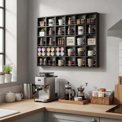 Kigley Oversize Coffee Mug Display Rack Wooden Shelves Rustic Shot Glass Display Case Travel Mug Shelf Wall Mounted Rack Holder Shadow Box(5 x 6,Black) - color: Black, style: 5 x 6