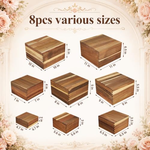 Maxdot 8 Pcs Acacia Wood Risers Buffet, Wood Display Stand 4.7 to 11 Inch Square Dessert Table Set for Buffet Table Stackable Wooden Crates for Birthday Wedding Home Decor