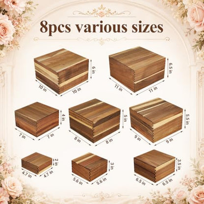 Maxdot 8 Pcs Acacia Wood Risers Buffet, Wood Display Stand 4.7 to 11 Inch Square Dessert Table Set for Buffet Table Stackable Wooden Crates for Birthday Wedding Home Decor