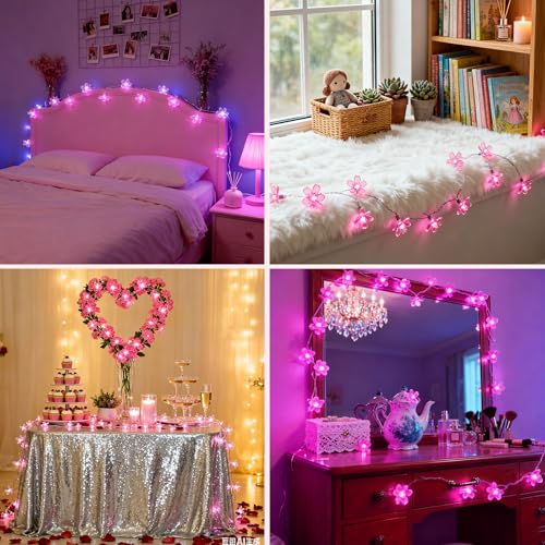 33ft 100 LED Aesthetic Pink Cherry Blossom Flower Fairy Lights String Decor - color: Pink
