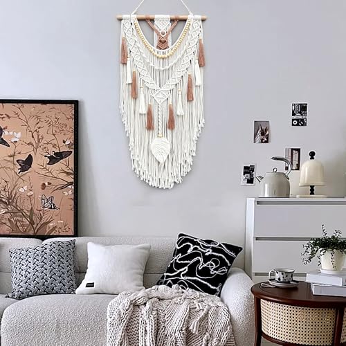 MEIZHIANDME Macrame Wall Hanging, Boho Woven Tapestry Wall Decor, Chic Bohemian Handmade Leaf Feather Wall Art Decorations for Bedroom Living Room Apartment Wedding Party (Leaf & Wood Bead)