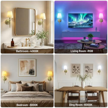 Battery Operated Wall Sconces Set of 2, Wireless Wall Lights with 12 RGB Colors and 3CCT Dimmable, Small Fabric LED Wall Lamps for Bedroom, Living Room, Hallway, Brass - color: Brass