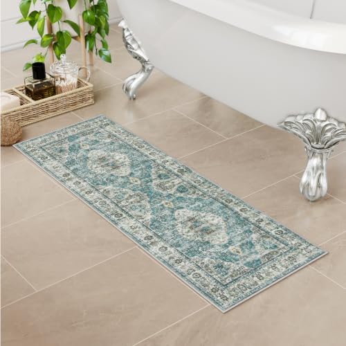 Uphome Bathroom Rugs Runner, Distressed Farmhouse Boho Blue Bath Mat, Non Slip Washable Long Bath Rugs, Vintage Traditonal Soft Velvet Bathroom Runner for Bathtub Sink Shower, 18x47 inch - color: Blue, size: 18 x 47 inch (Rectangular)