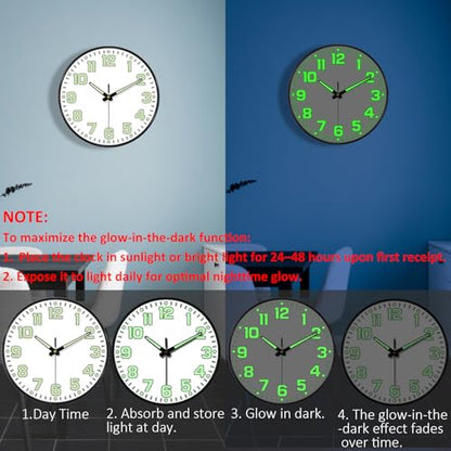 Glow in the Dark Wall Clock Non Ticking, 10 inch Silent Wall Clocks Battery Operated, Large Number Tempered Glass, Round Night Light Analog Clock for Bedroom Living Room Kitchen Office, White - color: White Green, size: 10 Inch