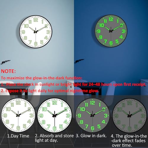 12 Inch Silent Wall Clocks Battery Operated, Glow in the Dark Wall Clock with Easy Read Numbers Non-Ticking Tempered Glass Night Vision Clocks for Living Room Office Gym Bedroom, Modern White - color: White Green, size: 12 Inch