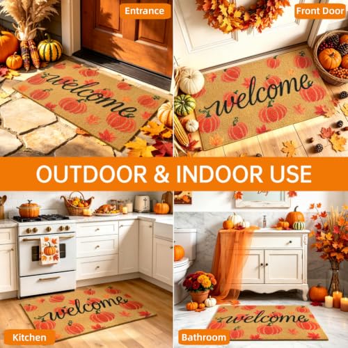 Fall Pumpkin Welcome Door Mat for Front Door Outdoor Indoor 17"x29" - color: Pumpkin Leaves