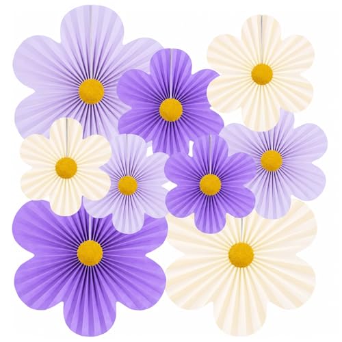 Spring Flower Paper Fan Decorations, 9PCS Party Cream Hanging Fans for Hello Spring Party, Birthday, Wedding, Classroom, Home Office Easter Mother's Day Floral Backdrop Decor -Purple - style: Purple Haze